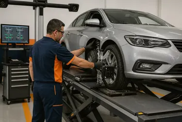 Mecânico ajustando o alinhamento de rodas com equipamentos em uma borracharia.