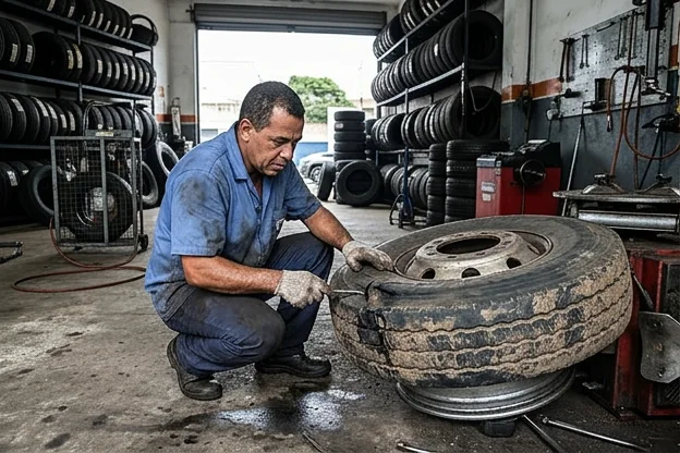 Mecânico examinando pneu danificado em uma borracharia.