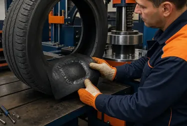 Mecânico fazendo vulcanização de pneus em uma borracharia.