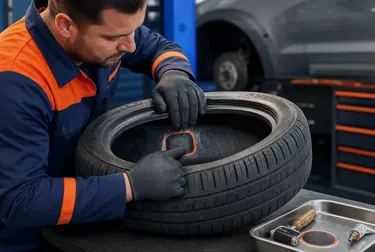 Mecânico realizando conserto de pneus com ferramentas em uma borracharia.