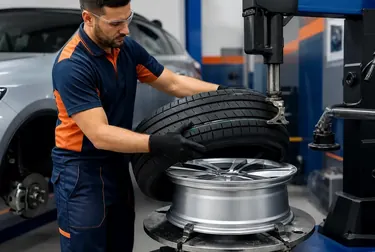 Mecânico trocando pneus com ferramentas na borracharia.