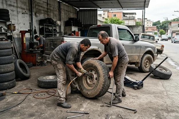 Mecânicos realizando rodízio de pneus em uma borracharia.